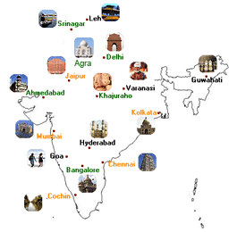 Map of India describing tourist places of India